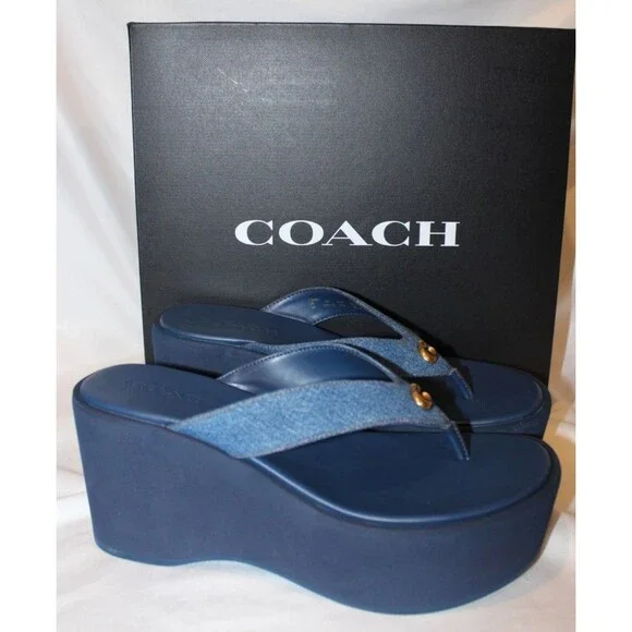 COACH SIGNATURE DENIM SCULPTED C‎ THONG FLIP FLOP SANDALS NIB CHALK BLUE - Picture 2 of 8